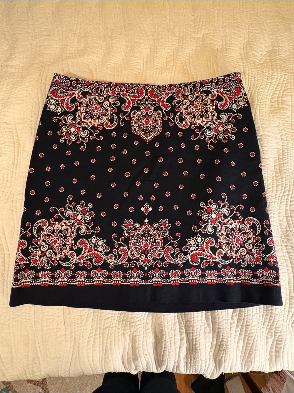 Talbots Black Mini Skirt with Red and White Paisley Motif